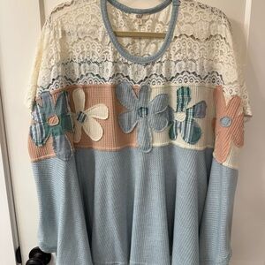 Easel Blue and White Lace Knit Top 1X